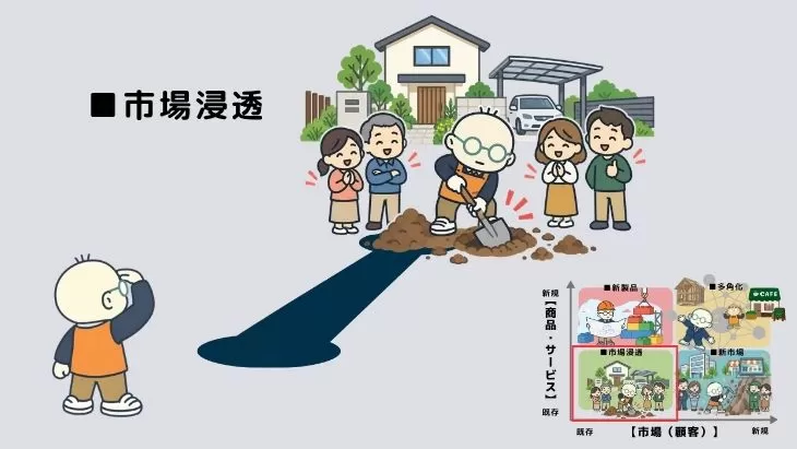 既存のお客様のもとで施工する外構業者、市場浸透戦略のイメージ