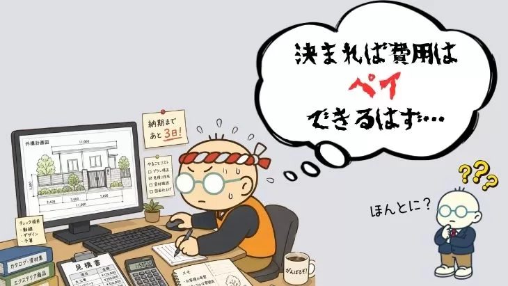 外構工事の見積もり作成に現地調査や図面作成で多くの時間を費やし疲弊する外構業者のイメージ