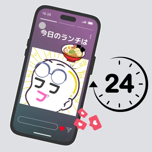 スマートフォンにいいねを表すハートやストーリーズを表す24時間のマークの画像が添付されInstagramの投稿特徴を示している