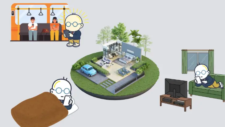 ソファやベッドでくつろぎながらスマートフォンで外構業者を検索する人のイラスト