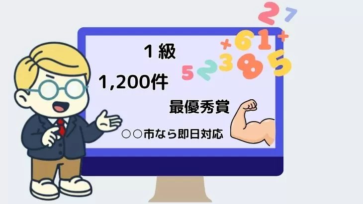 外構業者が専門性を具体的な数字と正式名称でホームページに記載しているイメージ図