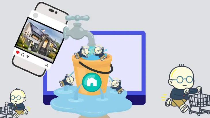 底に穴が空いたバケツから水が漏れているイメージ。機会損失を表現した比喩図