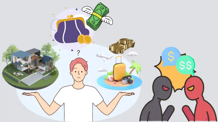 外構工事と旅行や車など他の支出を比較して迷っている顧客のイラスト