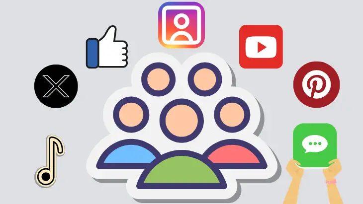 Instagram、Facebook、X,LINE、YouTube、ピンタレスト、TikTokなどのSNSをイメージさせるアイコンと人の集団の画像。