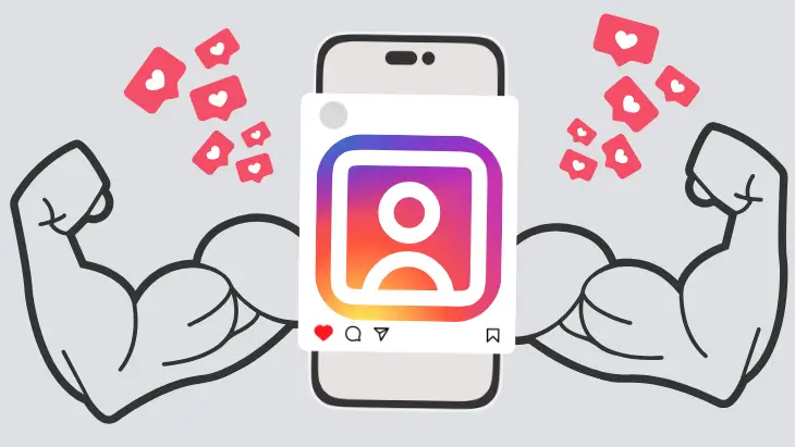 スマートフォンに映ったInstagramのフィード投稿にInstagramのアイコンがされ力こぶを出している画像。いいねを表すハートが添付され外構・エクステリア業者との相性の良さを示唆している